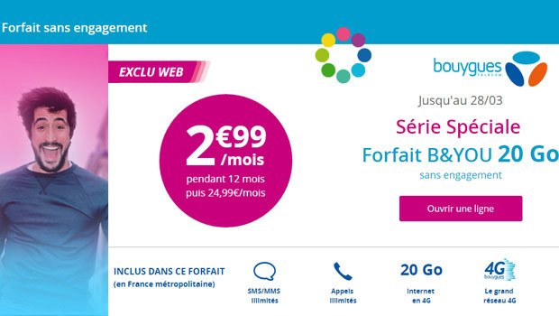 Bon plan Série Spéciale Bouygues illimité 20Go à 2,99 euros par mois jusqu'au 28 mars 2017 !