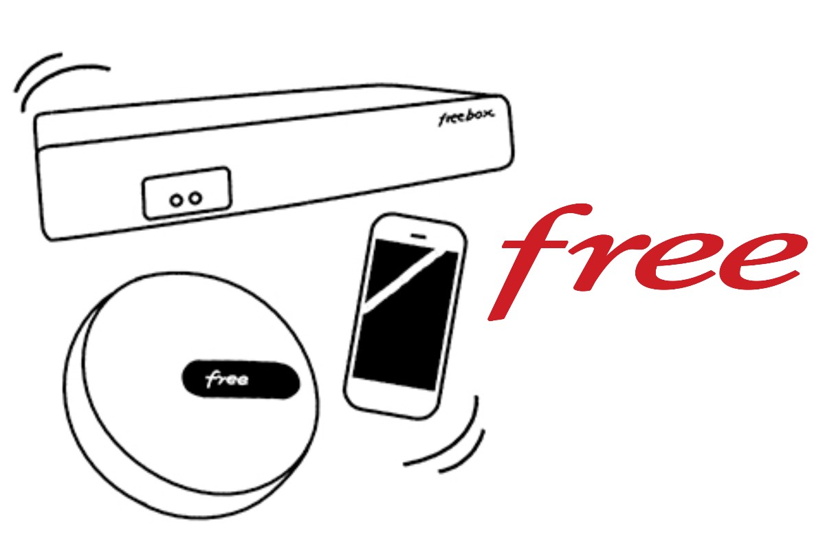 Cartoon des équipements Free, avec toutes les Freebox en promo la 1ère année