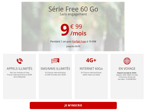 Détails de l'offre promotionnelle Free Mobile à 9,99 euros par mois jusqu'au 5 mai 2020