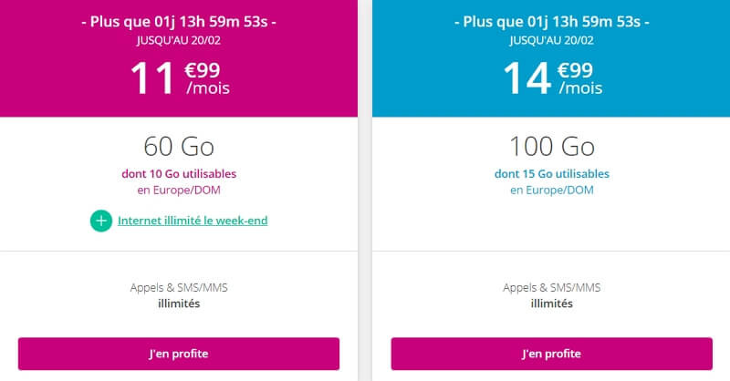 Les deux forfaits mobiles en série limitée disponibles ches Bouygues Telecom en février 2020 : 60 Go à 12€/mois ou 100 Go à 15€/mois