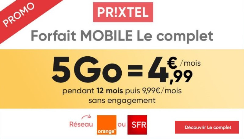 Le forfait mobile pas cher de Prixtel à 4,99 euros par mois pour 5 Go en septembre 2019