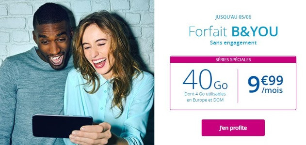 forfait pas cher chez Bouygues Telecom : B&You 40 Go à 9,99 euros par mois