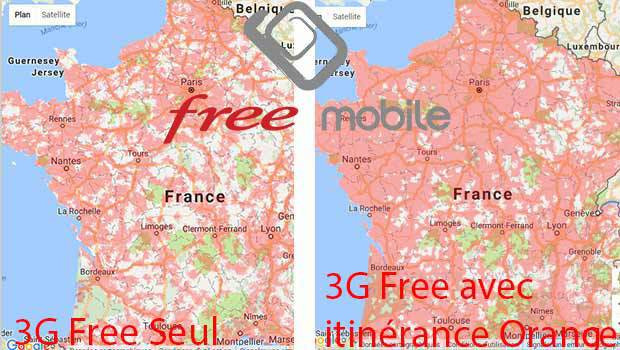 Crte de couverture 3G Free, sans et avec le réseau 3G d'Orange