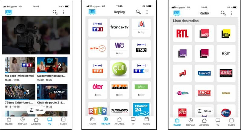 Captures d'écran de l'application B.TV sur iPhone